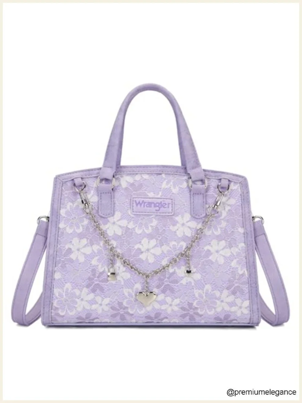 Faux Leather Medium Satchel Tote Bag with Floral Lace and Purse Charm